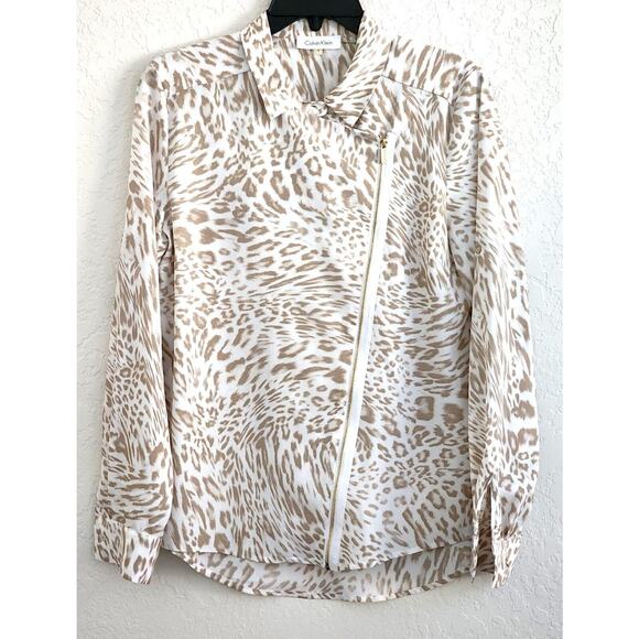 TOP/BLOUSE-CALVIN KLEIN-Gold-Cream-Front Diagonal Gold Zipper-Sleeve Roll Tab-SM - Picture 1 of 12